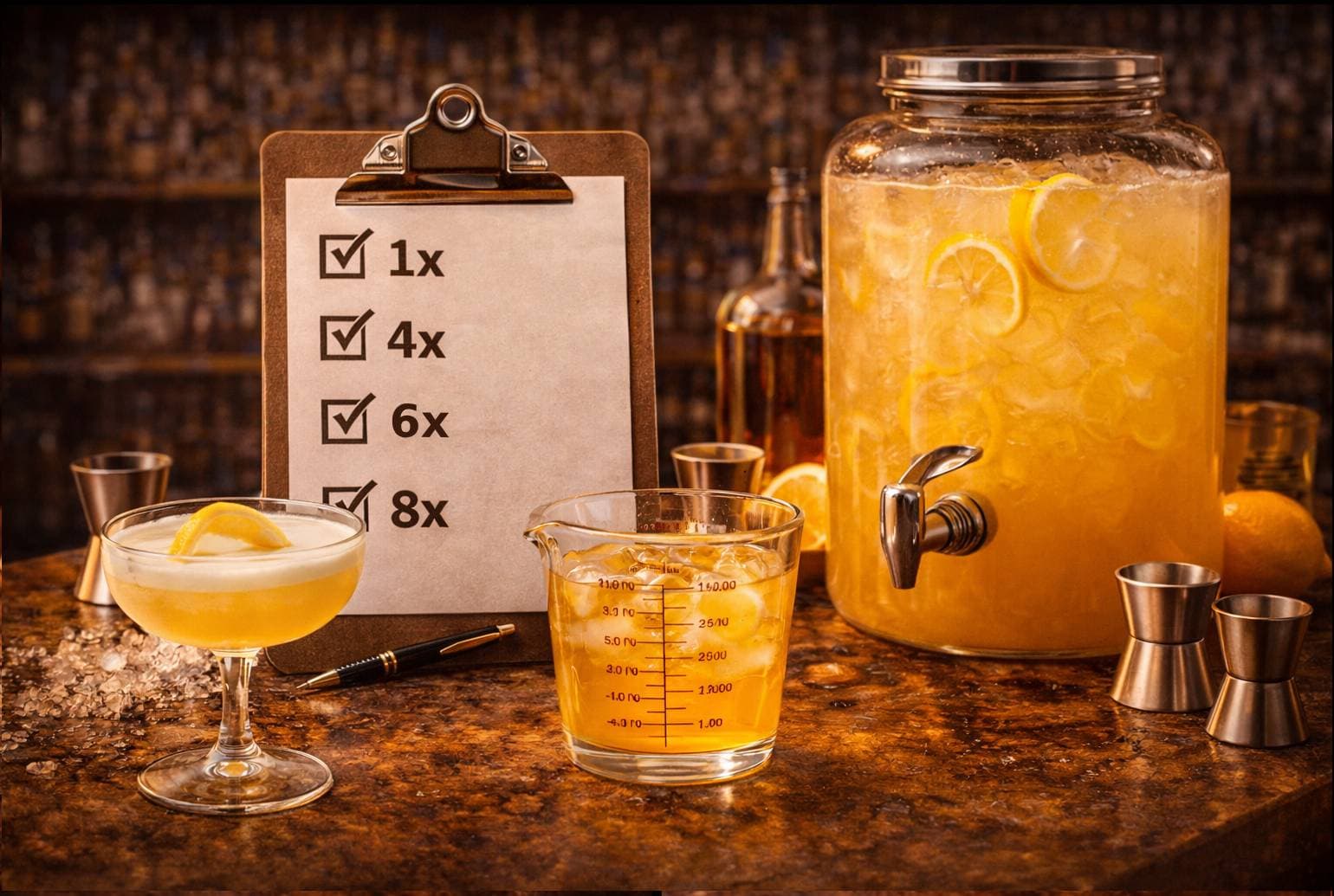 Batch-Cocktail-Mathematik — Ein Rezept vergrößern, ohne die Balance zu ruinieren
